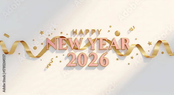 Obraz Happy New Year 2026 Pastel Pink and Gold Confetti and Ribbon Decoration