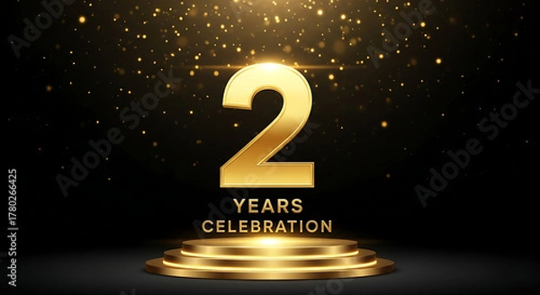 Fototapeta Golden number 2 with text years celebration on a podium with sparkling lights