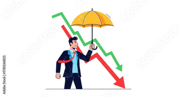 Obraz Man holding umbrella against falling graph isolated on transparent background