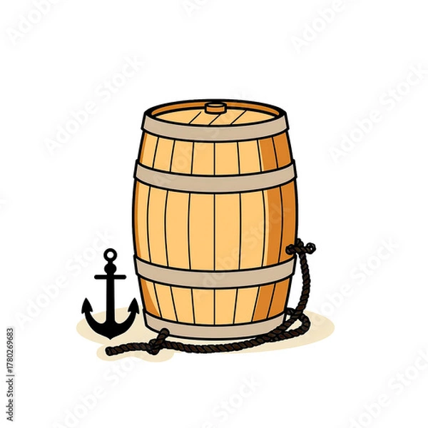 Fototapeta Pirate's treasure or a sailor's ration? A classic cartoon illustration of a wooden barrel, complete with a length of rope and a sturdy nautical anchor