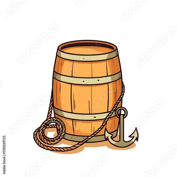 Fototapeta Pirate's treasure or a sailor's ration? A classic cartoon illustration of a wooden barrel, complete with a length of rope and a sturdy nautical anchor