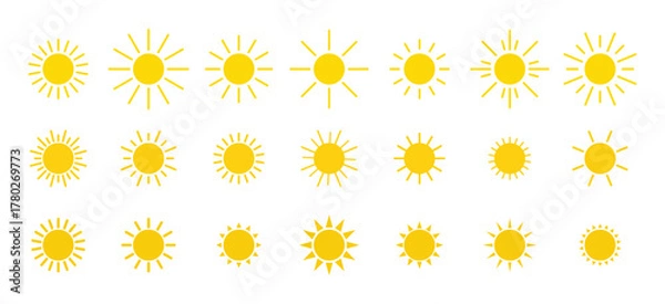 Fototapeta A set of sun icons. Yellow solar cells isolated on a white background, vector illustration, flat design, Bright glowing planets. Summer sunlight, energy, heat. Graphic symbol of the sun