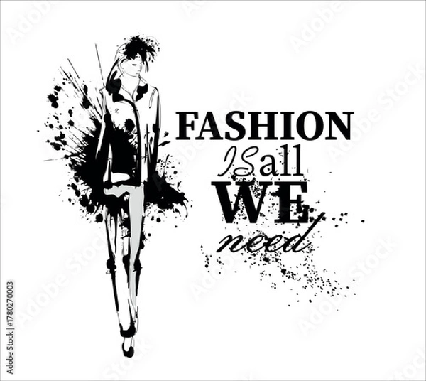 Fototapeta Beautiful young girl in stylish clothes. Fashion woman look. Sale concept. Hand-drawn fashion illustration.