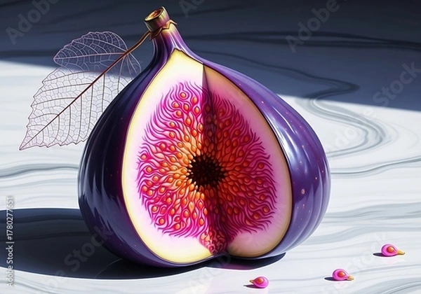 Fototapeta Close up of a ripe purple fig cut in half revealing vibrant pink flesh and seeds