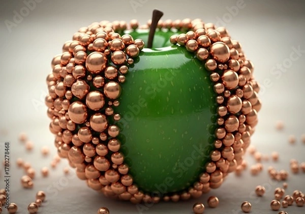 Fototapeta Green apple covered in copper beads with a textured background