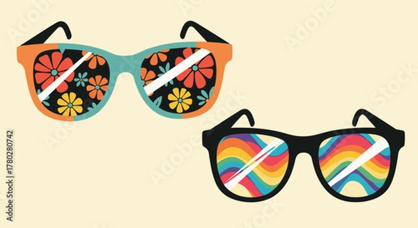 Fototapeta Two pairs of vibrant retro sunglasses, one with floral lenses and the other with rainbow wavy lenses, conveying a cheerful summer vibe.