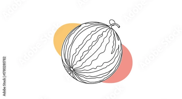 Fototapeta A hand-drawn, minimalist outline illustration of a fresh, striped watermelon with a small stem, set against abstract pastel circles.