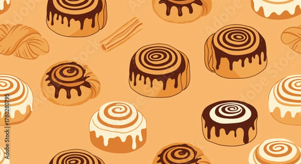 Obraz Delicious seamless pattern of assorted cinnamon rolls with chocolate and white icing, a croissant, and a cinnamon stick on a warm background.