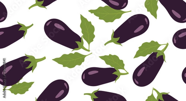 Fototapeta A vibrant seamless pattern featuring multiple purple eggplants with green stems and leaves, set against a pristine white background.