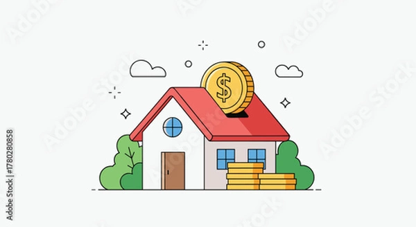 Fototapeta An illustrative depiction of a house functioning as a savings fund, with a dollar coin on the roof and money stacks, signifying home investment.