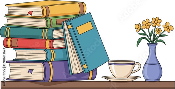 Fototapeta Stack of colorful books with open book, coffee cup, and vase of flowers on wooden table, reading and study concept illustration