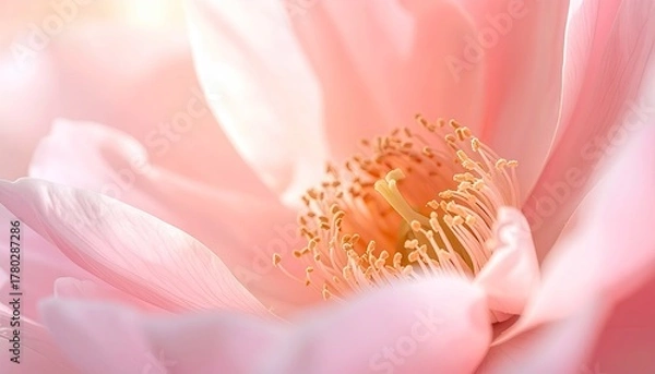 Fototapeta Close up extreme macro shot of a delicate pink rose flower with soft natural sunlight illuminating the yellow stamen and intricate petal details creating a serene and romantic atmosphere