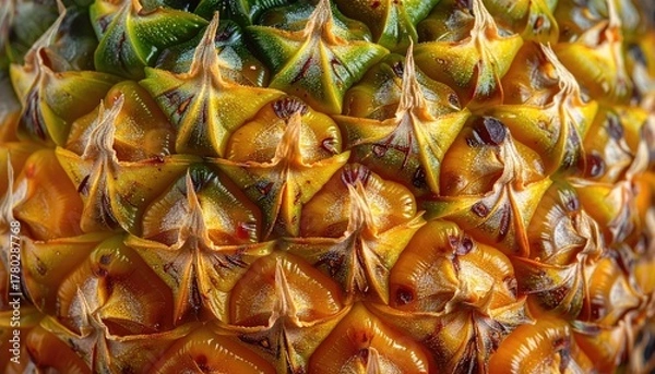 Fototapeta Close up macro photograph of the textured surface of a ripe pineapple showing its natural hexagonal pattern in vibrant green yellow and brown hues with soft daylight illumination