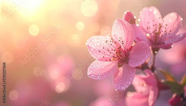 Fototapeta Close Up Macro Pink Cherry Blossoms with Dew Drops and Golden Sunlight Bokeh Background