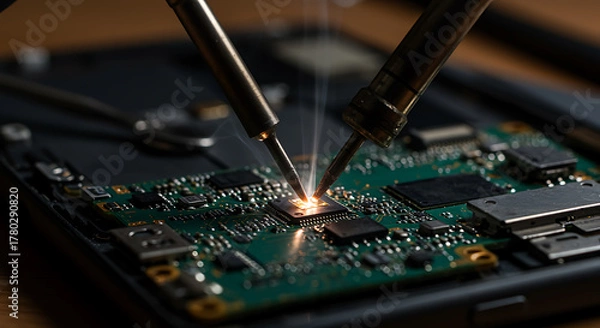 Fototapeta Soldering two points on a green circuit board with smoke