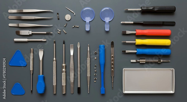 Fototapeta Precision tool kit with screwdrivers and tweezers precision tools