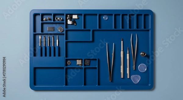 Fototapeta Blue electronic repair mat with tools and components