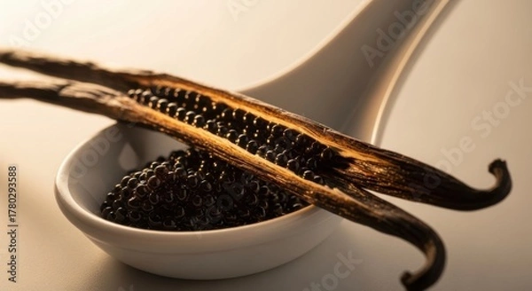 Fototapeta Aromatic vanilla bean pods and rich caviar on a spoon, highlighting culinary flavoring