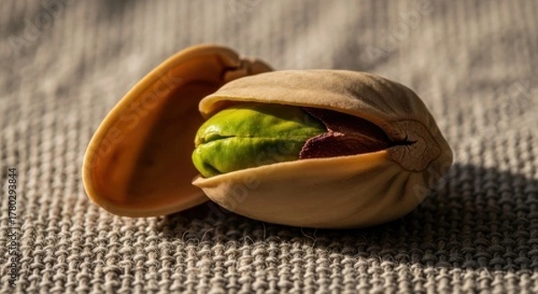 Fototapeta Close-up of a Single Pistachio Nut in its Shell, Green Kernel Exposed
