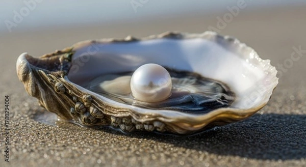 Fototapeta Luminous White Pearl Resting Delicately Within an Open Oyster Shell on Sandy Beach
