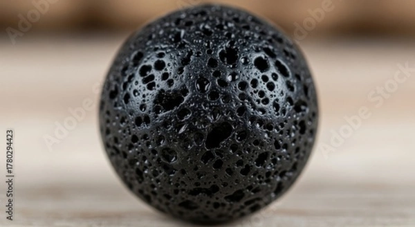 Fototapeta Close-up of a dark, porous lava rock bead showcasing its unique volcanic texture and spherical shape