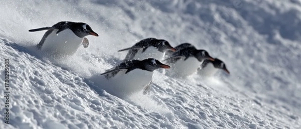 Fototapeta Gentoo Penguins Thrill Ride A Group Sliding Down a Snowy Hill in Antarctica