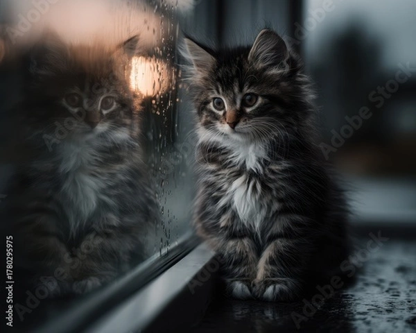 Fototapeta Adorable fluffy kitten gazing thoughtfully out a rain-streaked window, its reflection visible with a warm, soft glow