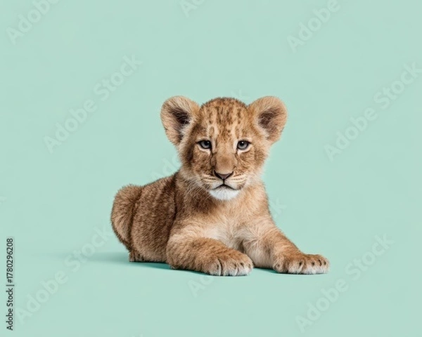 Fototapeta Adorable young lion cub resting peacefully on a gentle green background, showcasing its innocent charm and wild beauty in a studio portrait
