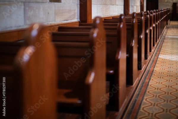 Fototapeta Long Row of Empty Church Pews Aisle