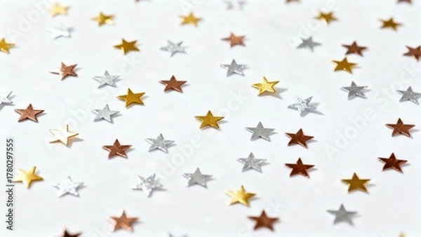 Fototapeta A close-up view of scattered metallic star-shaped confetti in various colors against a white background, creating a festive and decorative pattern.