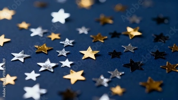 Fototapeta A close-up view of scattered metallic star-shaped confetti in gold, silver, and black against a deep blue textured background.