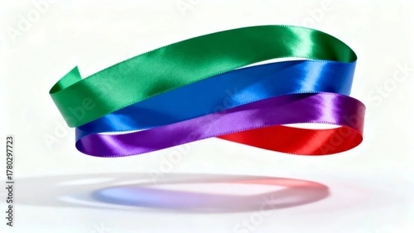 Fototapeta A vibrant composition of interwoven green, blue, purple, and red ribbons against a clean white background, showcasing fluid motion and rich textures.