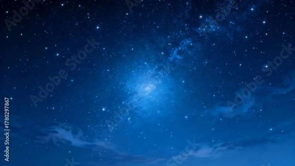 Fototapeta A breathtaking view of the night sky, showcasing a vibrant galaxy cluster surrounded by countless stars and cosmic dust, creating a mesmerizing celestial scene.