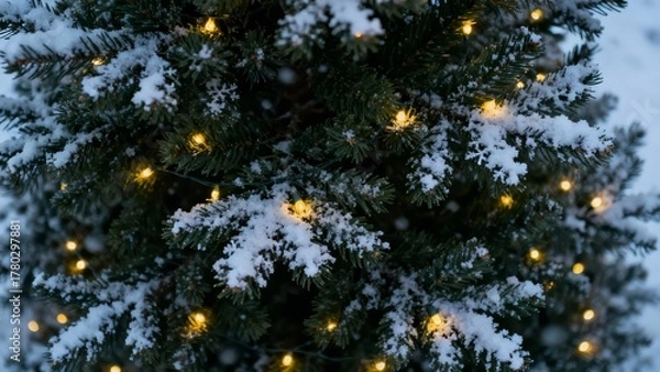Fototapeta A close-up of a snow-dusted evergreen tree adorned with warm, glowing string lights, capturing the serene beauty of a winter evening.