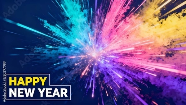 Fototapeta Vibrant New Year's celebration graphic featuring a dynamic burst of colorful light and particles, symbolizing joy and festivity.
