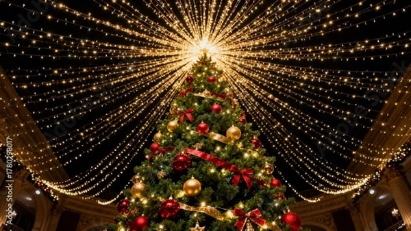 Fototapeta A beautifully decorated Christmas tree illuminated by a radiant starburst of lights, creating a festive and magical atmosphere in an elegant indoor setting.