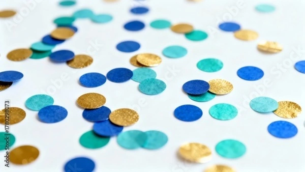 Fototapeta A vibrant assortment of blue, teal, and gold confetti scattered across a white surface, creating a festive and colorful pattern.