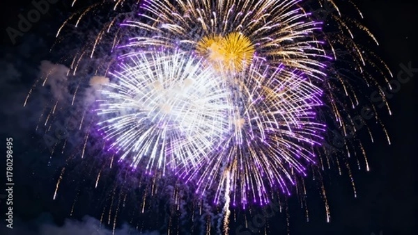 Fototapeta A vibrant display of fireworks bursting in the night sky, featuring a dazzling array of colors including purple, white, and gold.
