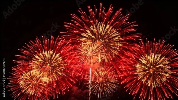 Fototapeta Vibrant display of red and gold fireworks bursting in the night sky, creating a dazzling spectacle.