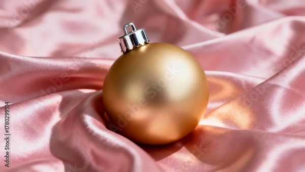 Fototapeta A golden Christmas ornament rests on a soft, pink satin fabric, capturing the festive spirit with its reflective surface and elegant simplicity.