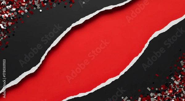 Fototapeta Torn Black Paper with Red Background and Confetti Border for Festive Design