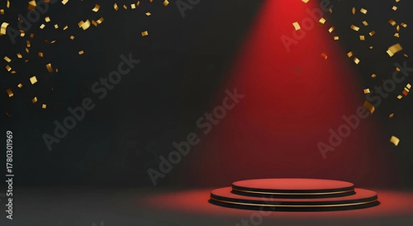 Fototapeta Elegant Stage with Red Spotlight and Confetti for Product Display or Presentation