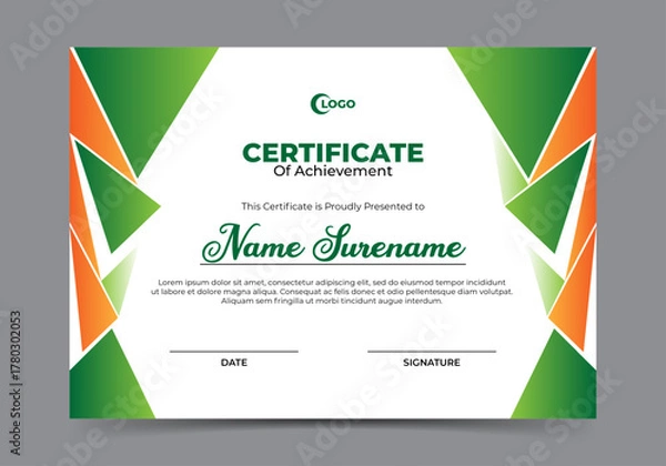 Obraz Certificate of achievement template with orange and green polygonal