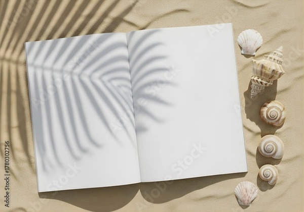 Obraz Nature and Environment Magazine Mockup on Sandy Surface Beside Seashells and Palm Leaf Shadow, Tropical Light Tone