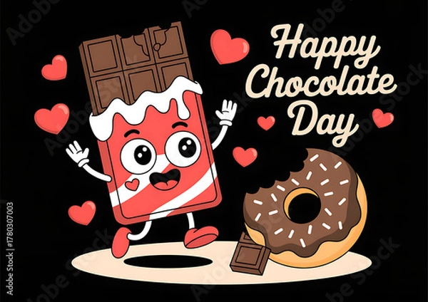 Obraz Cute Chocolate Bar and Donut Cartoon Illustration for Happy Chocolate Day Celebration