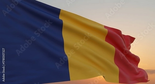 Obraz Romanian flag waving gently against a vibrant sunset sky, symbolizing national pride and unity on a peaceful evening in Romania.