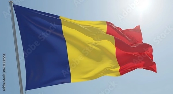 Fototapeta Romanian flag waving proudly against a clear blue sky on a bright sunny day, symbolizing national pride and patriotism.