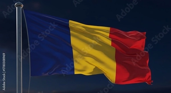 Fototapeta Romanian flag waving proudly against a dark blue sky, symbolizing national pride and unity on a clear evening, creating a patriotic atmosphere.