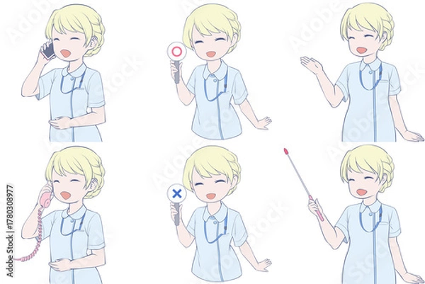 Obraz 電話をかける、マルバツ棒を持つ、案内する若い女性看護師。可愛いナースのクリップアート6点セット