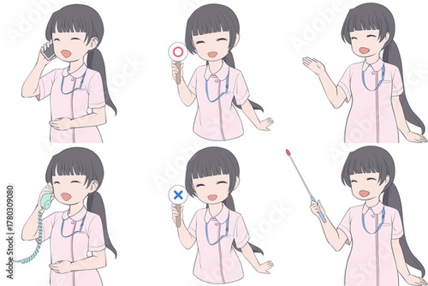 Obraz 電話をかける、マルバツ棒を持つ、案内する若い女性看護師。可愛いナースのクリップアート6点セット